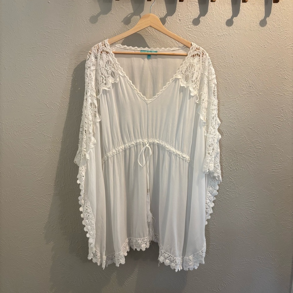 Melissa Odabash Floral Crochet Lace Inset Short Kaftan White Size OS Coverup - Picture 5 of 14